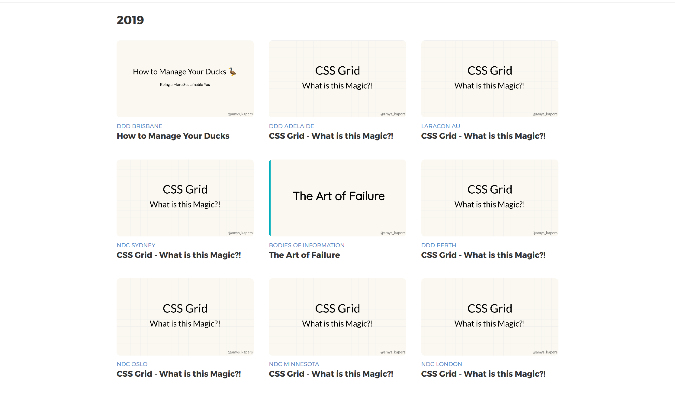 Screenshot of the presentations I've given this year